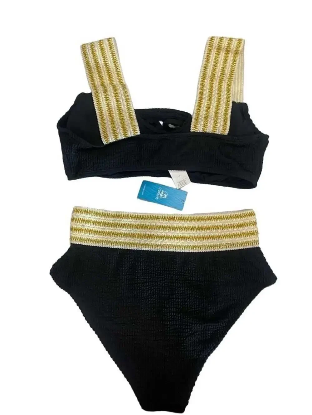 NEW Cupshe Metallic Striped Wrap Bralette and High Waist Bikini Set size medium